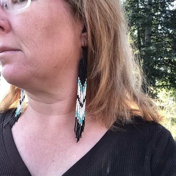 Black and Turquoise Fringed Long Earrings, New, Handmade by Me - Picture 9 of 10